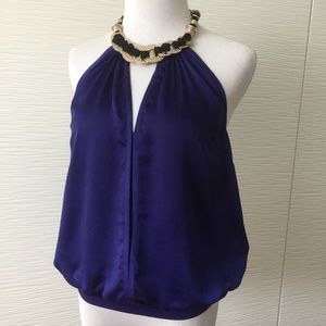 Bebe Deep Blue Halter Top With Gold Cold Coin Neck